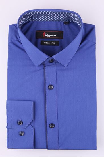 Изображение Стильная молодежная рубашка  синего цвета, длинный рукав (Арт. T 7368)